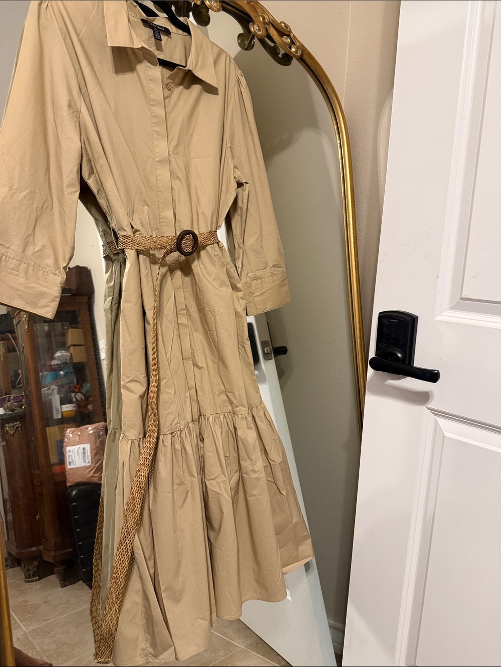 Ellen Tracy Beige Tiered Maxi Shirt Dress with Woven Belt